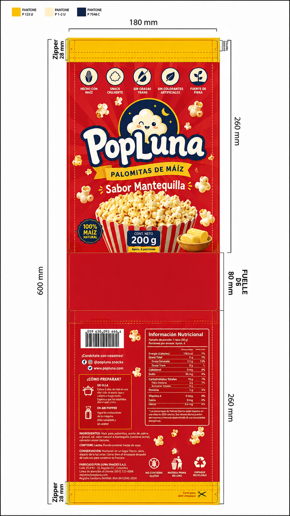 Diseño mecánico final rojo del empaque Popluna